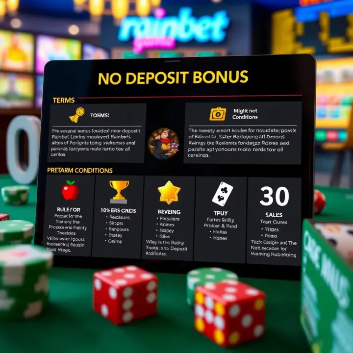 Key Terms and Benefits of Rainbet No Deposit Bonus Graphic showing key terms and conditions of Rainbet no deposit bonus with icons representing rules and benefits