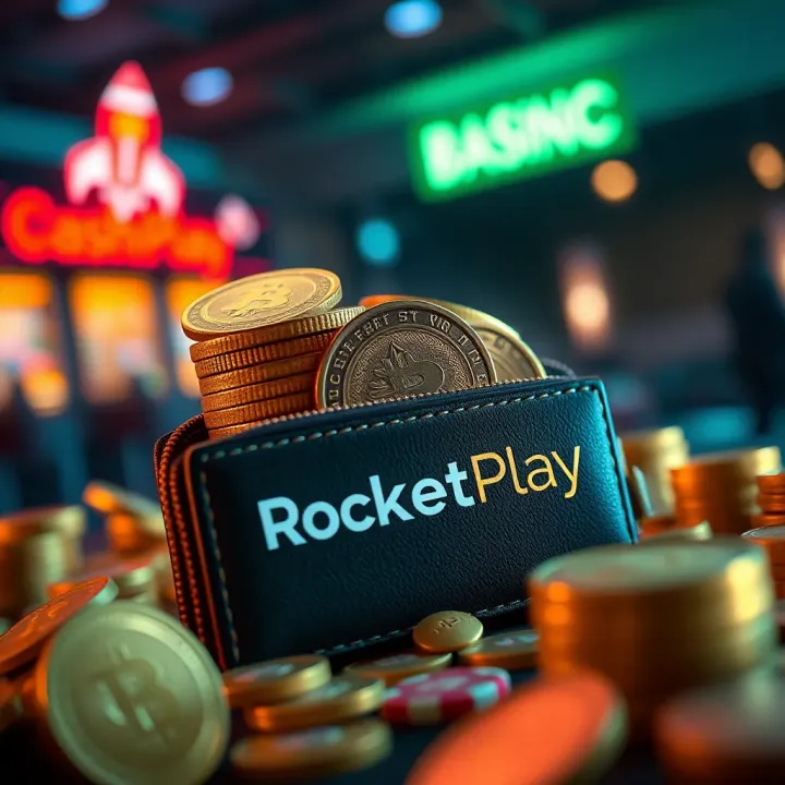 Illustration showing cashback rewards accumulating in a digital wallet with RocketPlay branding