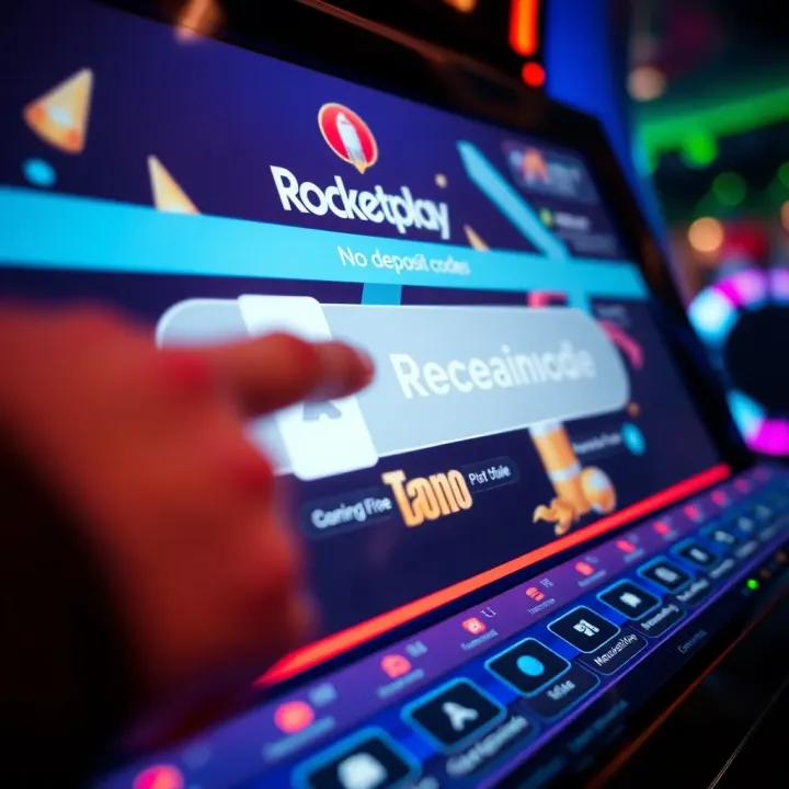 Graphic showing a Rocketplay no deposit code being entered on a gaming platform interface