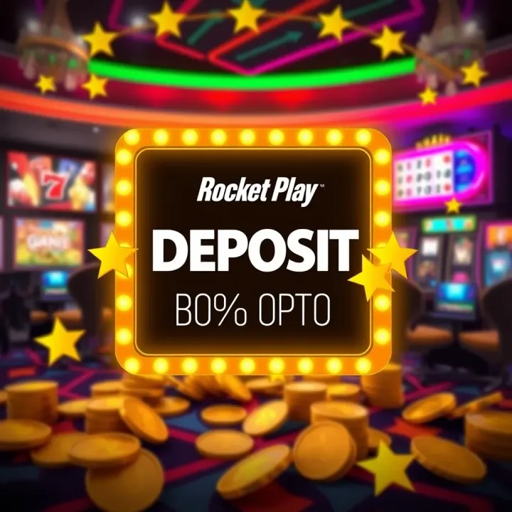 Visual Representation of RocketPlay No Deposit Bonus Opportunity Bright casino-themed graphic highlighting no deposit bonus concept with coins and stars