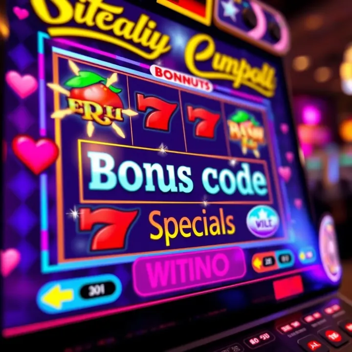 Illustration of a digital slot machine interface showing bonus code input area with sparkles highlighting special offers