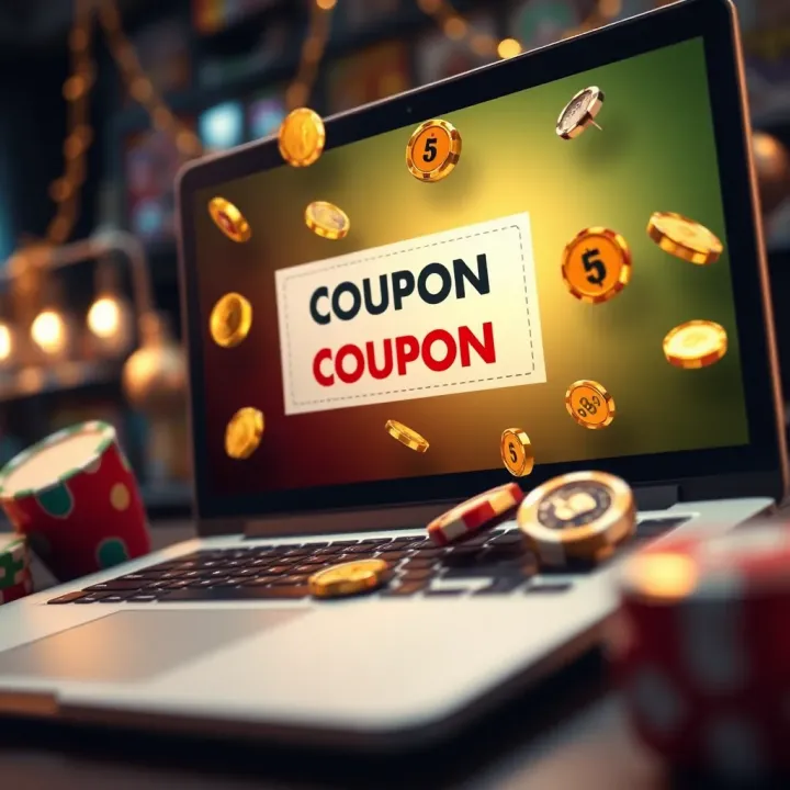 Illustration of a digital coupon code emerging from a laptop screen with casino-themed icons surrounding it