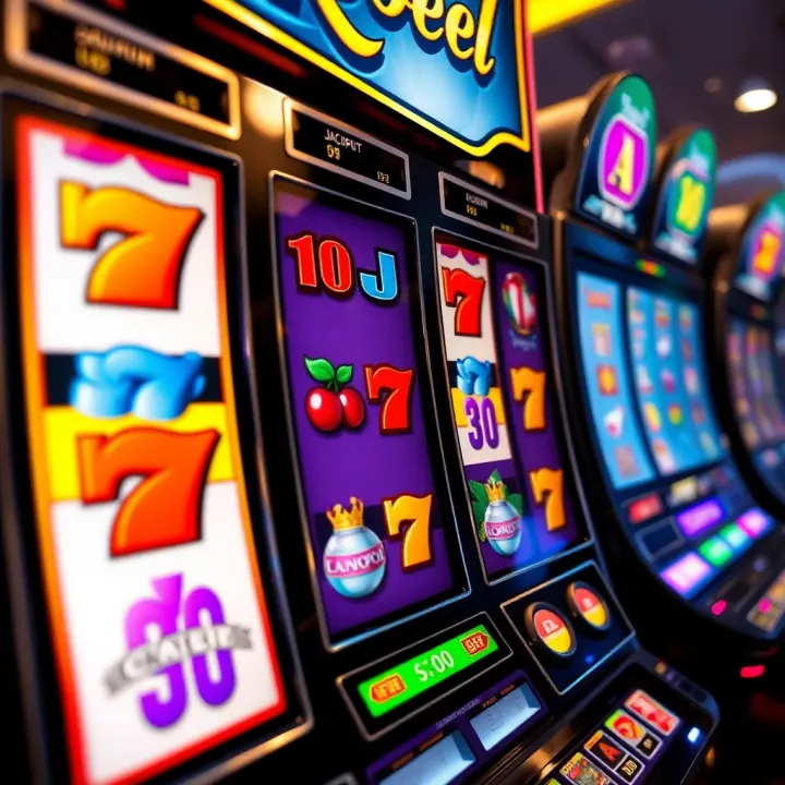Colorful slot machine reels displaying various symbols and jackpot indicators