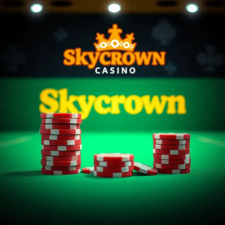 Bright casino chips stacked on a green felt table with Skycrown Casino logo in the background