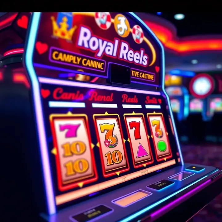 Modern electronic slot machine with vibrant reels illuminated in a casino setting