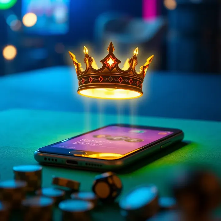 Illustration showing a glowing bonus code crystal crown hovering above a mobile device screen