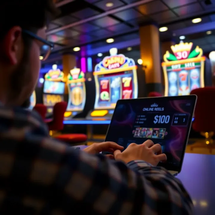 Australian player enjoying online casino on laptop with bright pokies screen in background